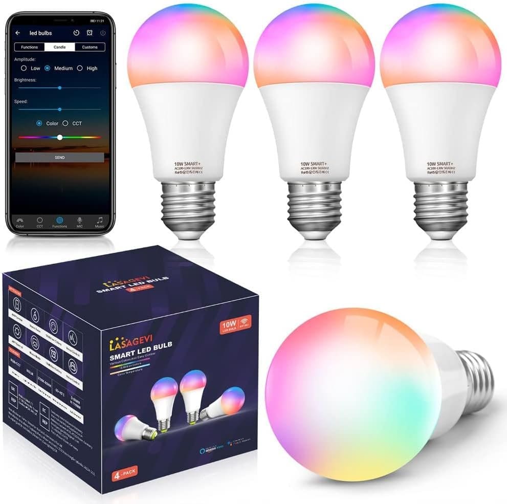 LASAGEVI Alexa WiFi Smart Light Bulbs, 10W (90W Equivalent) Dimmable RGBCW and Colour Changing Light Bulb, Works with Alexa, Google Home, Control by APP, No Hub Required 4 Pack
