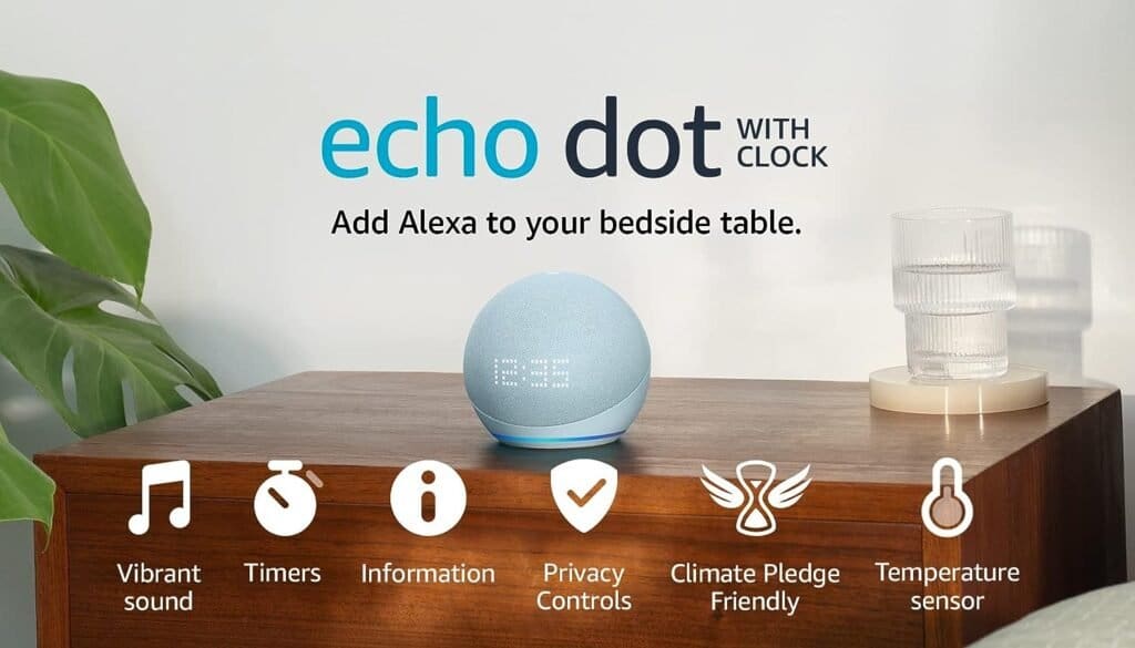 Echo Dot with clock (5th generation, 2022 release) | Bigger vibrant sound Wi-Fi and Bluetooth smart speaker and Alexa | Cloud Blue
