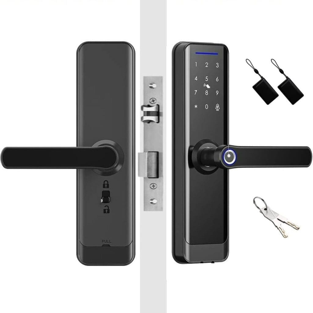 Zemismart Tuya WiFi DoorLock Fingerprint Touchscreen Smart Lock with Handle,Keyless Entry Biometric Intelligent Keypad Door Lock for Office Home Security,Bedroom Front Door(5050 180mm,Black)